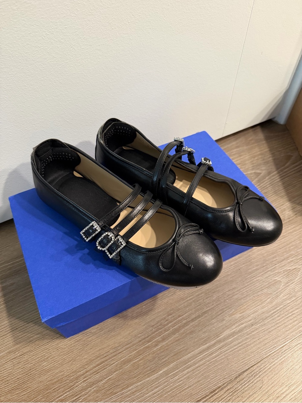 Stuart Weitzman Black Triple-Strap Ballet Flats with Crystal Buckles